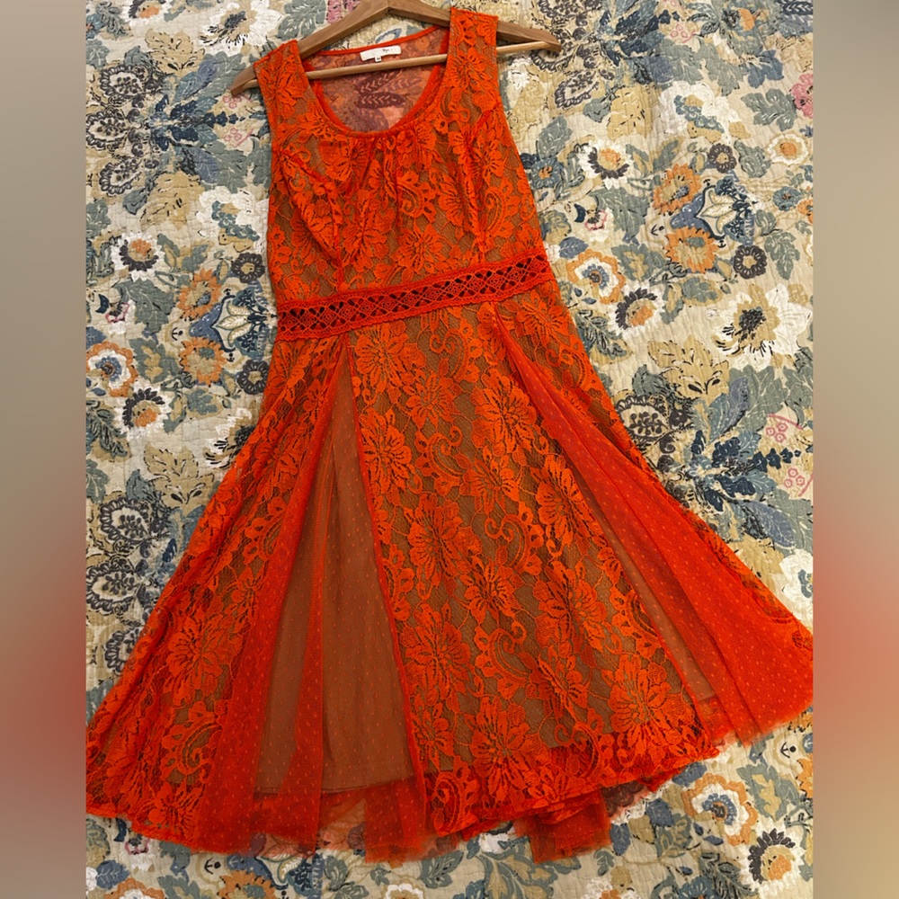 Ryu Orange Lace Sleeveless Fit & Flare Dress